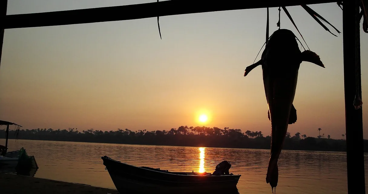 Barco de pesca em um rio ao pôr do sol