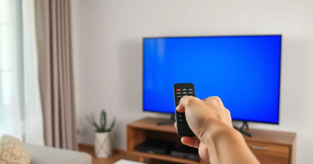 controle remoto apontado para televisão com tela de configuração de rede