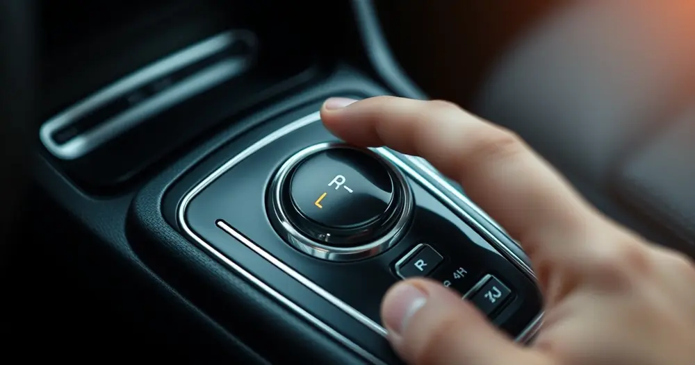 Alavanca de câmbio automático com as posições P R N D no interior de um carro moderno