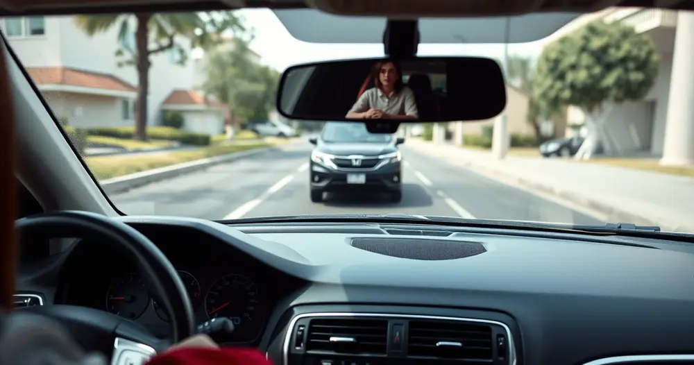 Vista sobre o painel de um carro durante manobra de ré entre dois veículos em rua tranquila