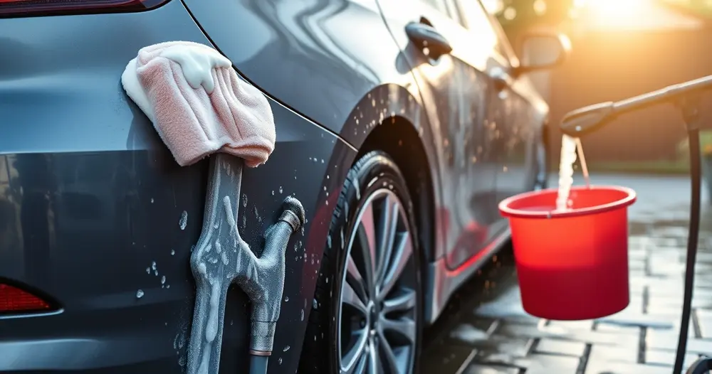 Carro sendo lavado na garagem de casa com balde, luva de espuma e mangueira, com gotas na pintura