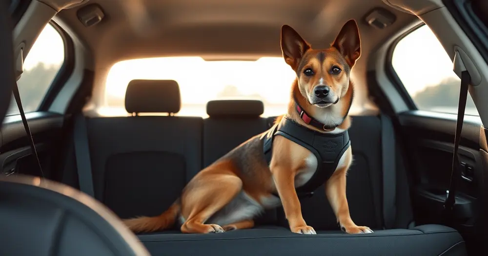 Cachorro de porte médio preso com cinto de segurança no banco traseiro de um carro