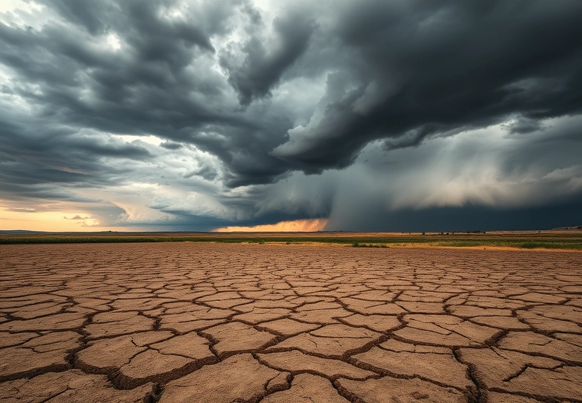 Solo rachado pela seca com nuvens de tempestade se formando ao fundo