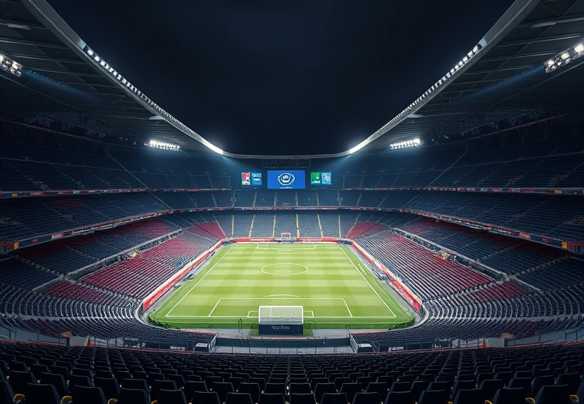 Estádio de futebol vazio à noite, com os refletores acesos