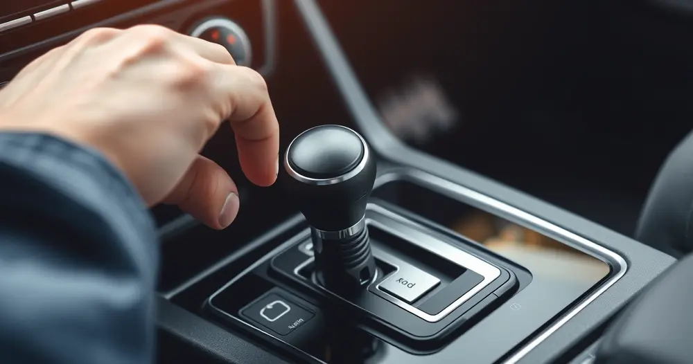 Alavanca de câmbio manual com o desenho das marchas no interior de um carro sob luz quente