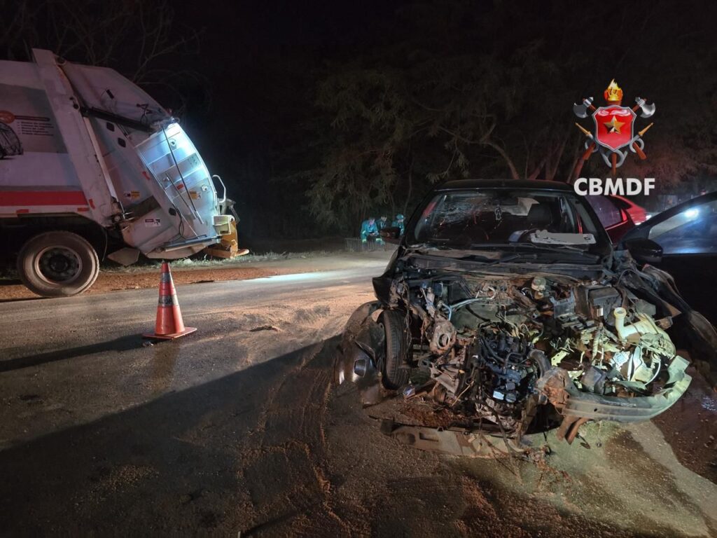 Acidente em Sobradinho: colisão entre carro, caminhão e ônibus deixa ferida